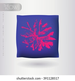 Bright blue realistic 3d throw pillow with pink palm top print. Apartment interior design element. Cushion isolated on a light background.