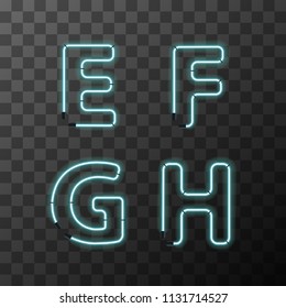 Bright blue realistic neon letters, vintage E F G H latin letters on transparent background