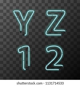 Bright blue realistic neon letters, vintage Y Z 1 2 letters on transparent background