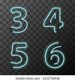 Bright blue realistic neon letters, vintage 3 4 5 6 letters on transparent background