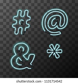 Bright blue realistic neon letters, vintage special characters on transparent background
