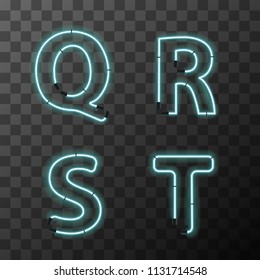 Bright blue realistic neon letters, vintage Q R S T latin letters on transparent background