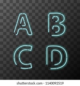 Bright blue realistic neon letters, vintage A B C D latin letters on transparent background