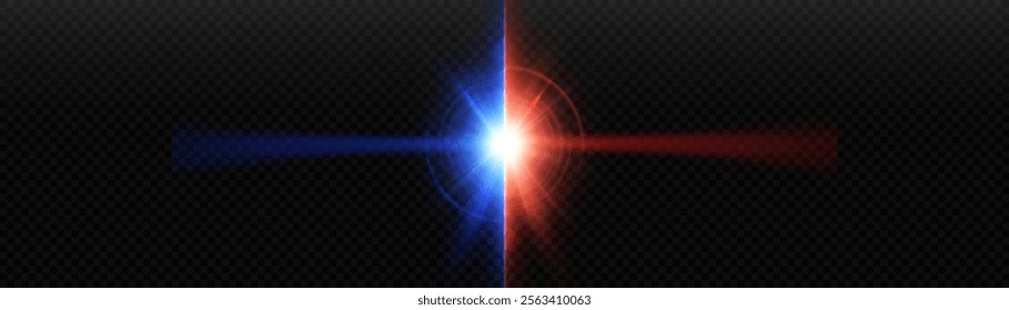 Bright blue red glowing light effect. Lens reflection light flare. Glow effect. Starbursts with shimmering glitter. Beautiful shimmering glare light effect. Vector 10 EPS