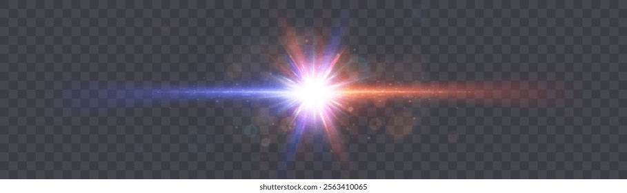 Bright blue red glowing light effect. Lens reflection light flare. Glow effect. Starbursts with shimmering glitter. Beautiful shimmering glare light effect. Vector 10 EPS