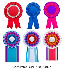 Bright blue red pink purple awards circulair rosettes badges lapel pins with ribbons realistic set vector illustration