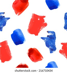 Bright blue and red watercolor stains. Seamless pattern on a white. Vector abstract background with paint strokes and splashes.