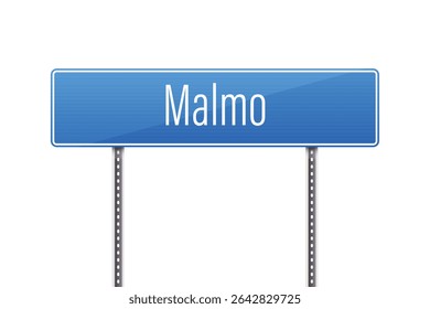 A bright blue road sign indicates the location of Malmo, Sweden. The sign is mounted on two metal poles, centered against a stark white background. The text is white.