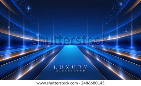 Bright Blue Runway with Light Streaks and Stars, Ideal for Presentations, Award Ceremony Events, and Technology-Themed Backgrounds. Luxury Scene Design Concepts. Vector illustrations.