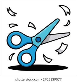 Ilustración vectorial de papel de corte de tijeras de seguridad azul brillante aislada sobre fondo blanco