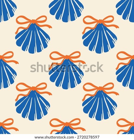 Bright blue scallop shells with orange bows arranged in a seamless pattern on a beige background. Coastal summer design perfect for packaging, textiles, wrapping paper, and nautical-themed decor.