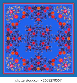 Bright blue scarf with floral pattern. Red and orange flowers, brown and yellow leaves, blue buds and berries in folk style.