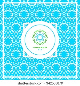 Bright blue seamless background. Circular seamless pattern. Stylized lace ornament. Simple geometric background Texture of restaurant Beautiful circular logos. Logo for boutique, interior Company logo