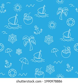 Bright blue seamless pattern on the theme of travel. Background with marine elements