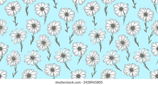 Bright blue seamless pattern with white daisy gerbera flowers. Retro hand drawn illustration of sketch chamomile flower, texture for textile, wrapping paper, surface, background