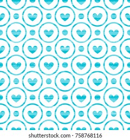Bright blue seamless vector pattern, hearts and circles on white background