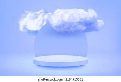 Bright blue showcase with podium and clouds. 3d vector illustration with shadow overlay effect