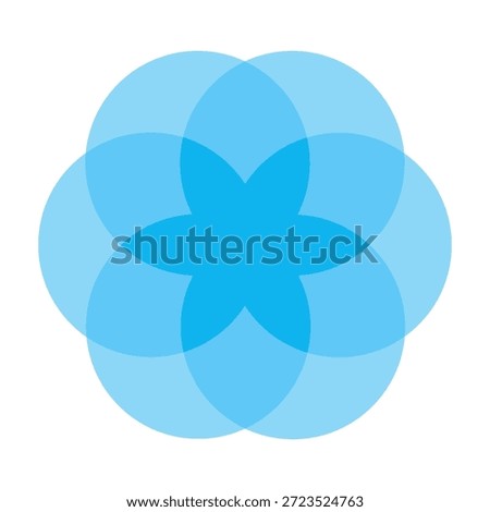 Bright blue six circle venn diagram with layered floral overlap creating complex intersection vector infographic for data relationship chart model business geometric element round design info