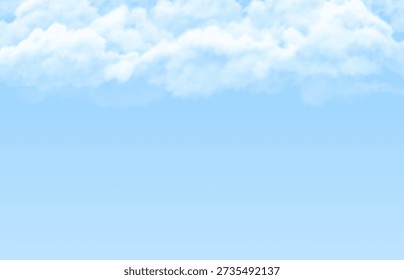 A bright blue sky background with fluffy white clouds at the top. Wallpaper for banners, websites, postcards, invitations, and presentations. Realistic vector illustration. Blank template.
