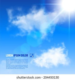 Bright blue sky with brilliant Sun shining from top right corner, vector image  