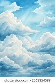 Bright blue sky filled with soft, billowing clouds, capturing the essence of a clear, sunny day in watercolor.