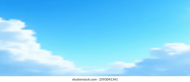 Bright blue sky with fluffy white clouds floating in the clear atmosphere. Background view.