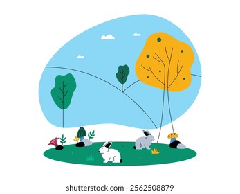 Bright blue sky with white clouds, there are a big tree and a small tree, soft green grass, some rocks, and two rabbits, there is also a big mushroom, ecosystem vector illustration.