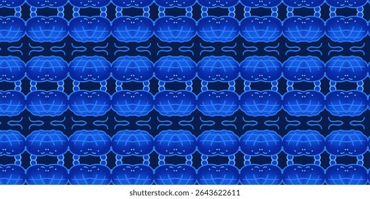 Bright blue smiling crab pattern with ropes and seaweed accents on a deep blue background. Fun and vibrant design for ocean-themed merchandise or fabric.