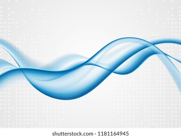 Olas suaves y azules brillantes sobre fondo gris con puntos de círculos. Diseño de vectores