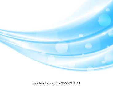 Bright blue smooth wavy abstract background with shiny light circles. Vector design