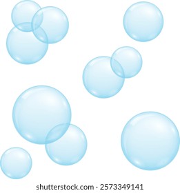 Bright blue soap bubbles isolated on white background close up