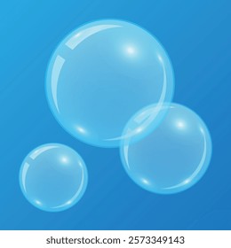 Bright blue soap bubbles isolated on blue background close up