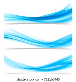 Bright Blue Soft Elegant Smoke Swoosh Air Line Header Collection. Mild Smoke Liquid Wave Pattern Web Footer. Beautiful Fantasy Flow Fashion Pattern Cards Flyers Set. Vector Illustration