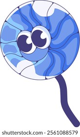 A bright blue spiral lollipop with a friendly expression.perfect for children's products or sweet treats.