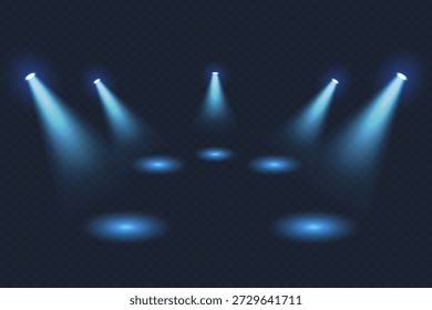Proyectores azules brillantes con un área separada para el escenario y las presentaciones. Un efecto de foco brillante con vigas.