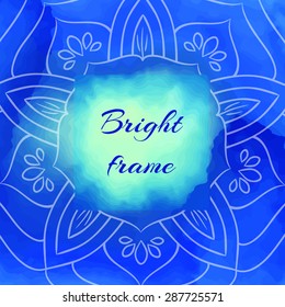 Bright blue square frame with lotus petals. Oriental watercolor background. Vector template. Place for your text.