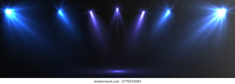 Bright Blue Stage Spotlights Light Beams Illumination Effect with Glow Rays Isolated on Transparent Background