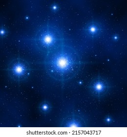 Bright blue star cluster, nebula. Shiny galaxy. Night starry sky. Glowing blue stars and galaxies in depths of space. Dark background. Bright rays, lens flare. Vector illustration