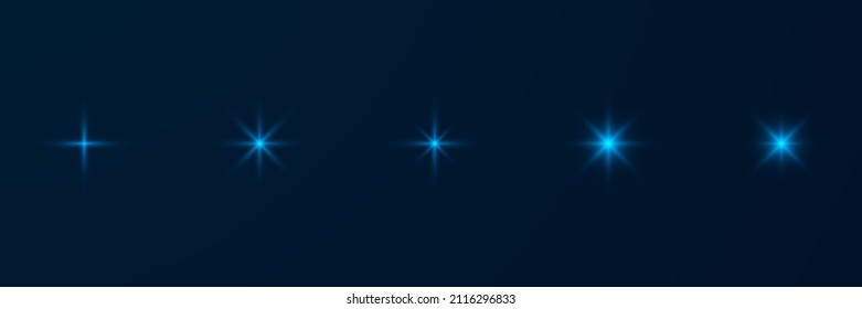 Bright blue star set. Glow stars effect. Sparkling magical elements. Vector illustration isolated on dark blue background.