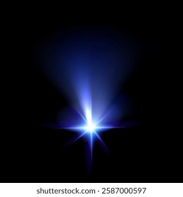 A bright blue starburst light effect shines against a deep black background, creating a glowing, radiant flare. The abstract digital design features a central light source emitting soft blue beams.