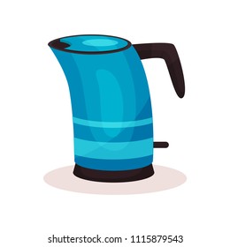 Bright blue steel kettle with black plastic handle. Modern kitchen appliance. Electric teakettle. Household item. Flat vector icon