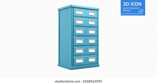 A bright blue storage cabinet stands tall, featuring multiple drawers designed for organization. Its sleek lines and vibrant color make it suitable for contemporary spaces.