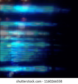 Bright blue striped glitter background with glitch effect. Colorful bright mosaic horizontal strips on black. Stretched color effect. Vector illustration.