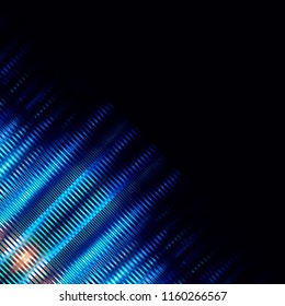 Bright blue striped glitter background with glitch effect. Colorful bright mosaic strips on black. Stretched color effect. Vector illustration.