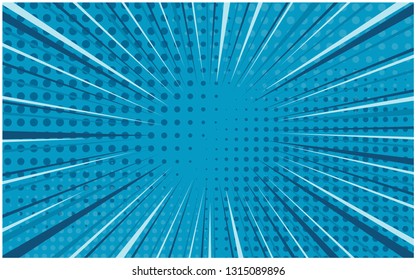 Bright blue striped retro comic background with dotted halftone corners. Cartoon turquoise background with dark and light stripes and half tone pattern for comics book, advertising design, poster