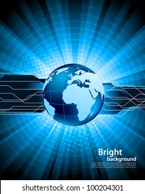 Bright blue tech background with globe and ray