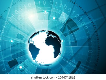 Bright blue technology communication abstract background with globe and gears. Vector modern design