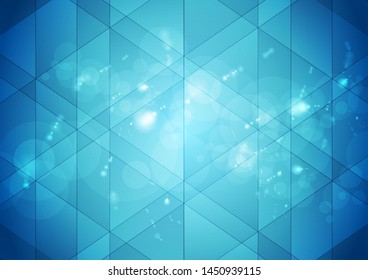 Hellblaue Technologie, Low-Poly-Hintergrund mit glänzendem Bokeh-Effekt. Geometrisches abstraktes Vektordesign