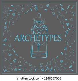 Bright blue text "Archetypes" on dark background.  Together with text there are ancient  female statue of big size and much small elements connected with historical topic. 