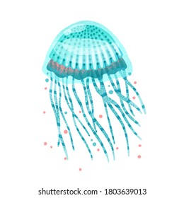 Bright blue textured jellyfish with tentacles and design elements vector flat illustration. Colorful natural aquatic inhabitant isolated on white background. Beautiful tropical underwater dweller